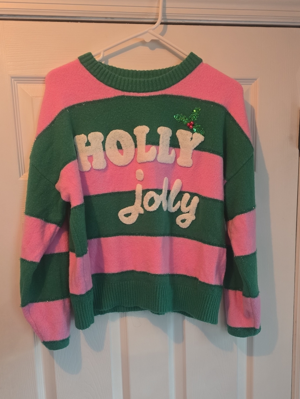 Festive Striped Crewneck Sweater - Pink & Green